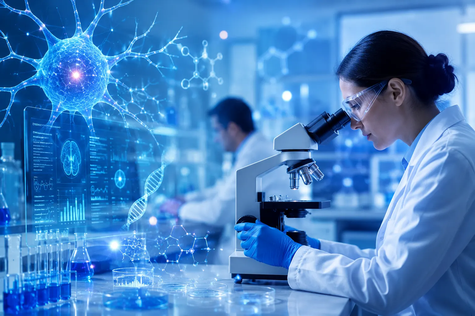 Researcher examining neural cell samples under a microscope in a modern laboratory